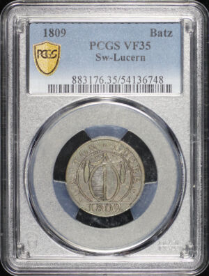 Obverse of this 1809 Switzerland Canton of Lucern Billon 1 Batzen (10 Rappen) KM-101 PCGS VF-35