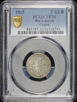 Obverse of this 1815 Switzerland Canton of Lucern Silver 2 1/2 Batzen KM-110 PCGS VF-30