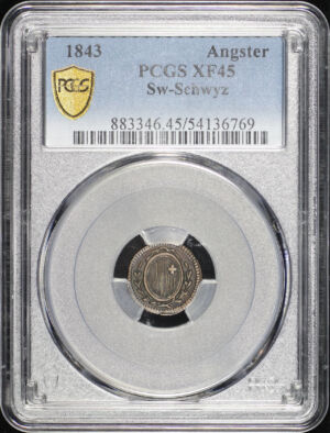 Obverse of this 1843 Switzerland Canton of Schwyz Copper 1 Angster KM-55 PCGS XF-45