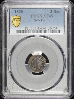 Obverse of this 1835 Switzerland Canton of Ticino Copper 3 Denari KM-5 PCGS XF-45