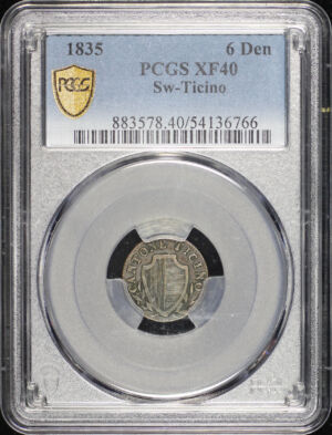 Obverse of this 1835 Ticino, Switzerland 6Den PCGS XF-40