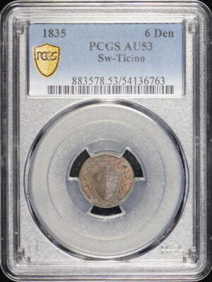 Obverse of this 1835 Switzerland Canton of Ticino Copper 6 Denari KM-1 PCGS AU-53