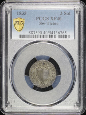 Obverse of this 1835 Switzerland Canton of Ticino Billon 3 Soldi KM-2 PCGS XF-40