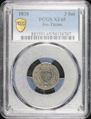 Obverse of this 1838 Switzerland Canton of Ticino Billon 3 Soldi KM-2 PCGS XF-45