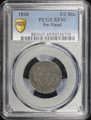 Obverse of this 1816 Vaud, Switzerland 1/2Btz PCGS XF-40