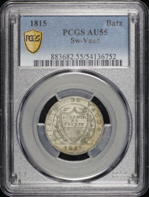 Obverse of this 1815 Switzerland Canton of Vaud Billon 1 Batzen PCGS AU-55