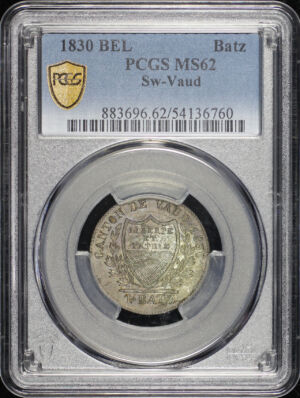 Obverse of this 1830 BEL Switzerland Canton of Vaud Billon 1 Batzen KM-20 PCGS MS-62