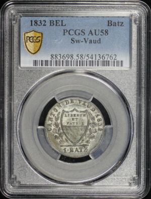 Obverse of this 1832 Bel Vaud, Switzerland Batz PCGS AU-58