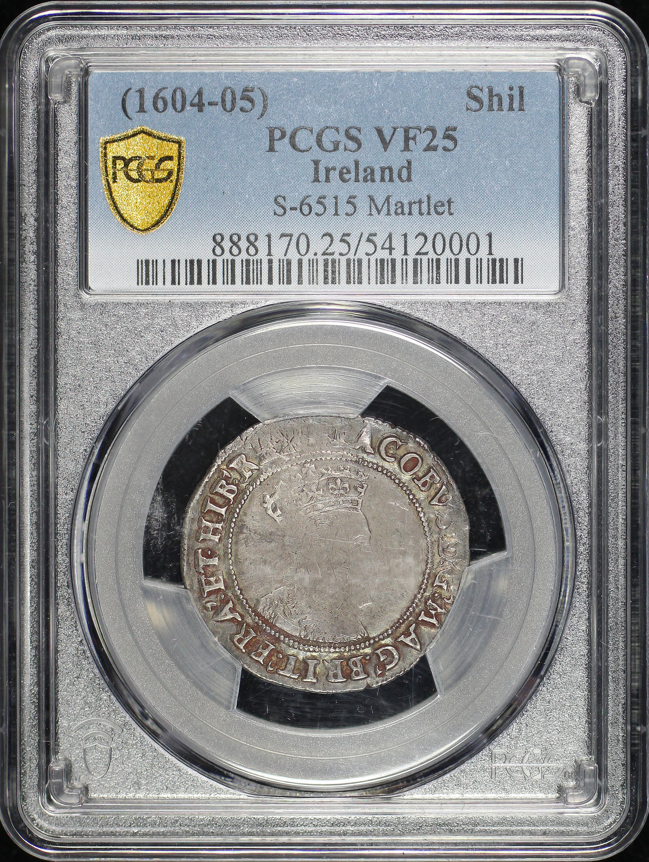 Obverse of this (1604-05) Ireland Silver 1 Schilling S-6515 KM-14 Martlet Mintmark PCGS VF-25