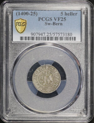 Obverse of this (1400-25) Switzerland Bern Silver 5 Heller (Fünfer) PCGS VF-25