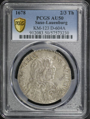 Obverse of this 1678 Saxe-Launenburg D-604A KM-123 2/3Th PCGS AU-50