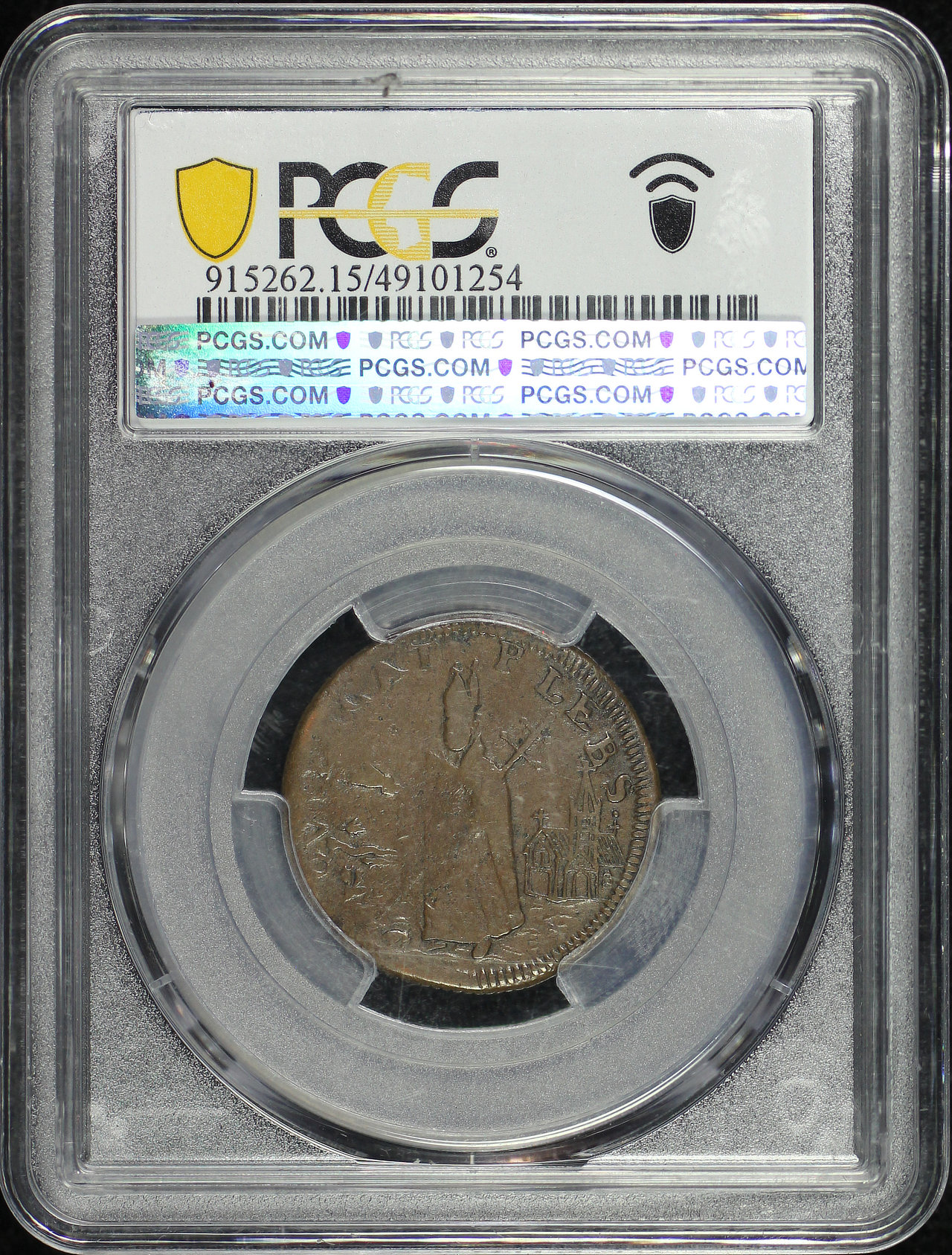 Reverse of this 1670s Colonial New Jersey Saint Patrick Copper 1/4P Farthing Martin 8a.4-Ca.1 PCGS F-15 Sydney F. Martin Collection