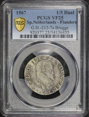 Obverse of this 1567 Netherlands-Flanders G.H.-212-7a Brugge 1/5 Daal PCGS VF-25