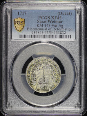 Obverse of this 1717 German States Saxe-Weimar (Ducat) KM-148 Var Ag Bicentennial of Reformation PCGS XF-45
