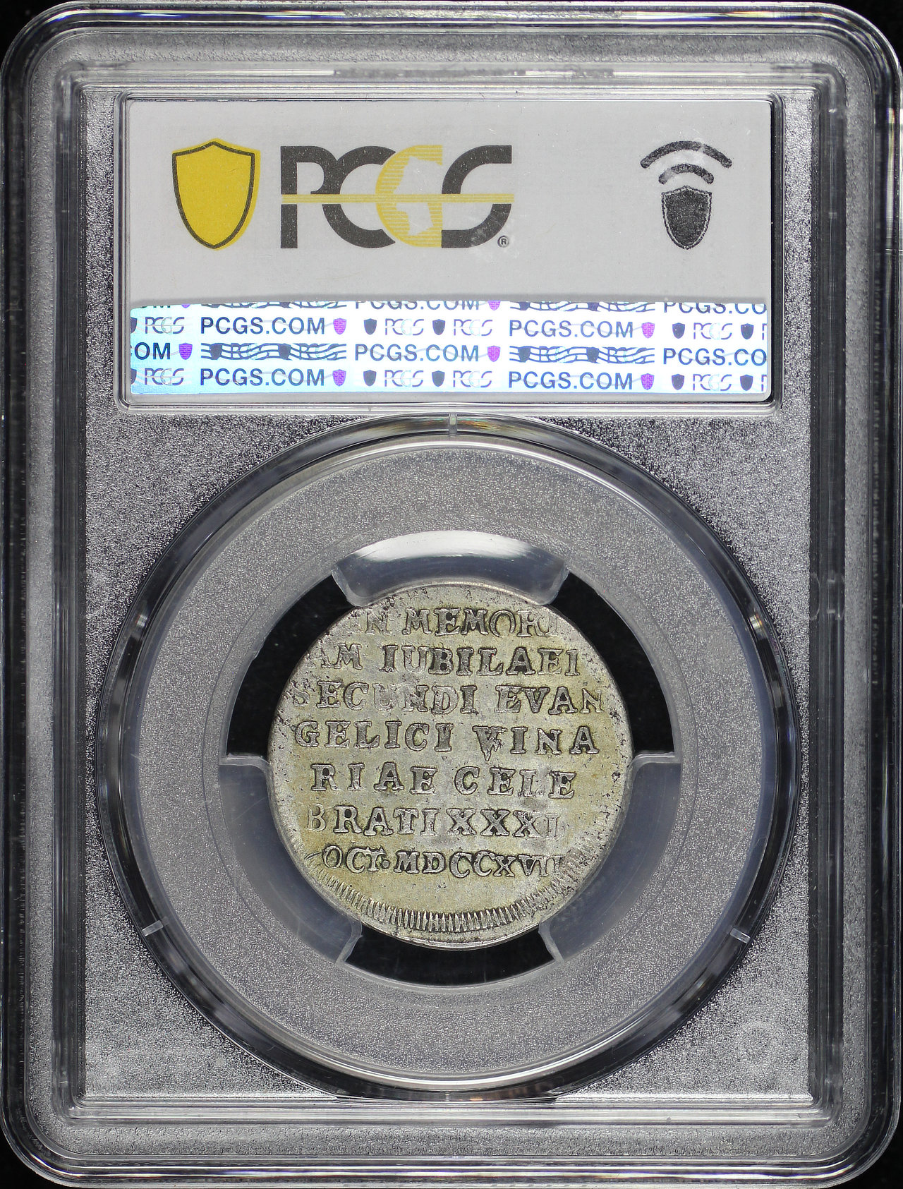 Reverse of this 1717 German States Saxe-Weimar (Ducat) KM-148 Var Ag Bicentennial of Reformation PCGS XF-45