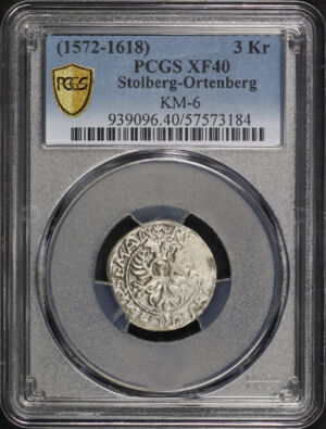 Obverse of this (1572-1618) Stolberg-Ortenberg KM-6 3Kr PCGS XF-40
