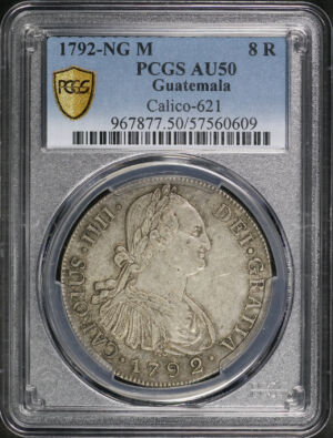 Obverse of this 1792-NG M Guatemala Silver 8 Reales Calico-621 KM-53 PCGS AU-50