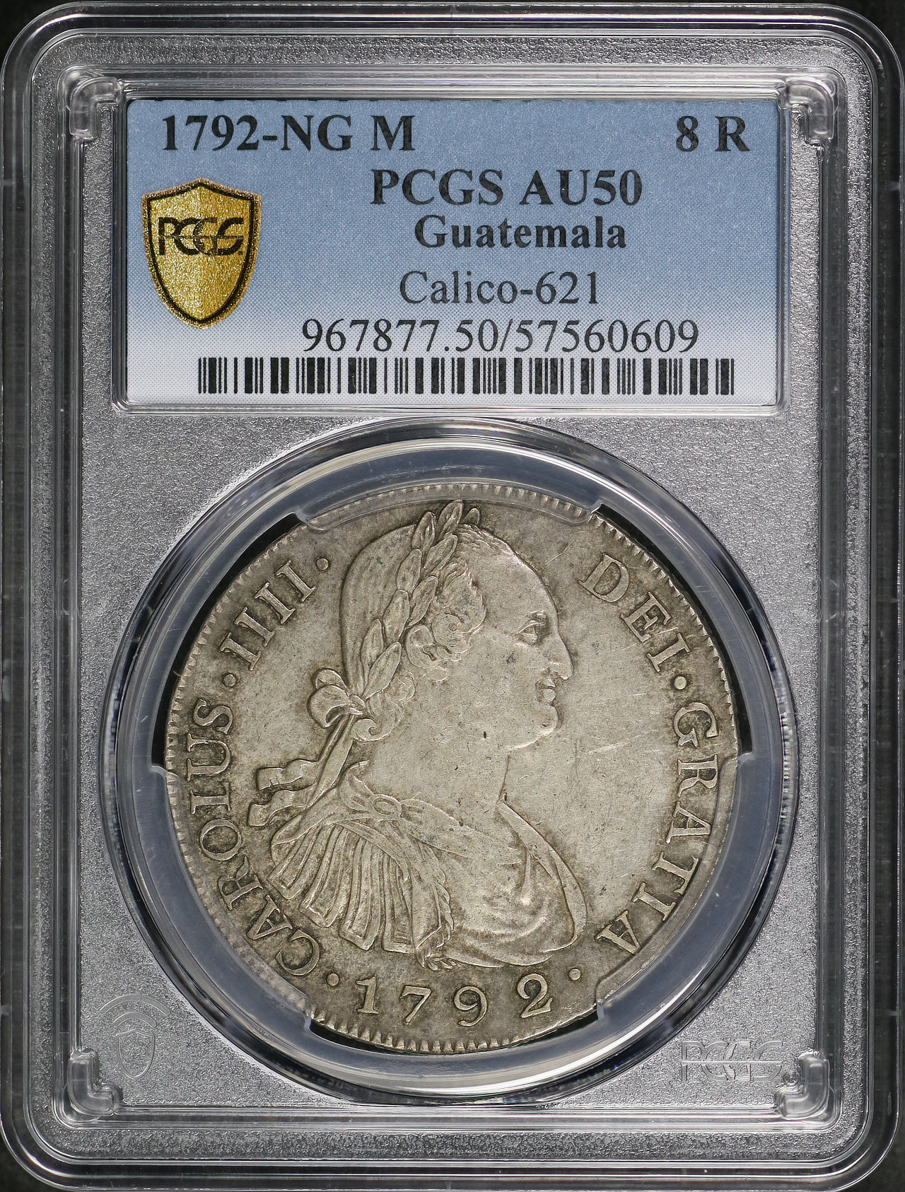 Obverse of this 1792-NG M Guatemala Silver 8 Reales Calico-621 KM-53 PCGS AU-50