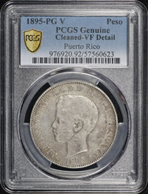 Obverse of this 1895-PG V Puerto Rico Silver Peso KM#24 PCGS VF Details Cleaned