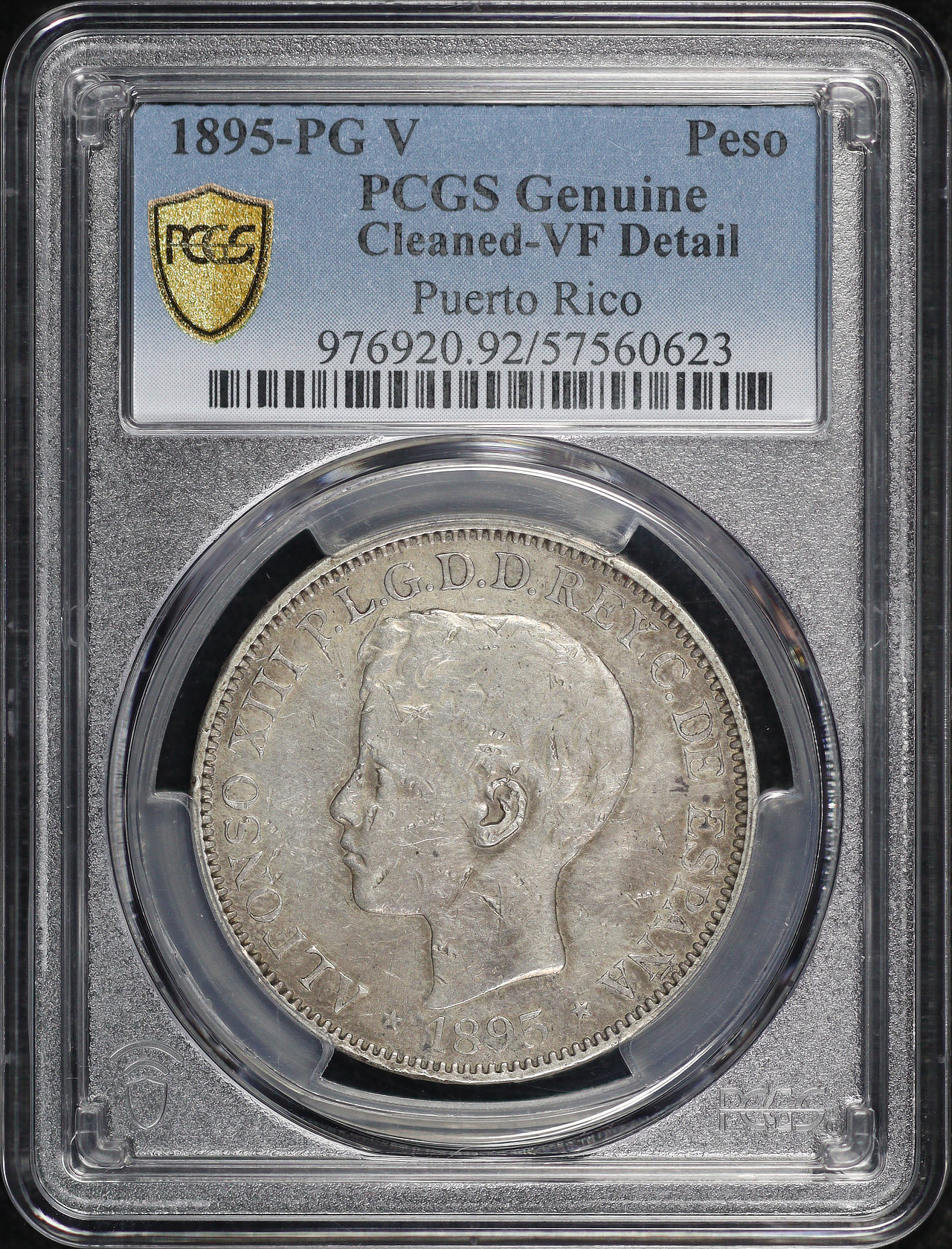 Obverse of this 1895-PG V Puerto Rico Silver Peso KM#24 PCGS VF Details Cleaned