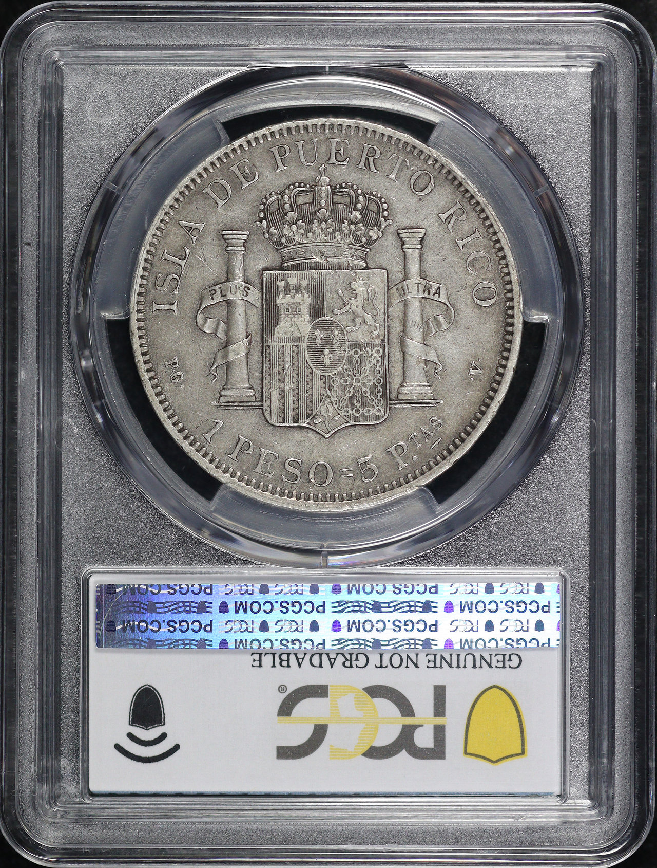 Reverse of this 1895-PG V Puerto Rico Silver Peso KM#24 PCGS VF Details Cleaned