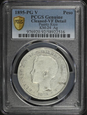 Obverse of this 1895-PG V KM-24 Puerto Rico Peso PCGS VF Details Cleaned