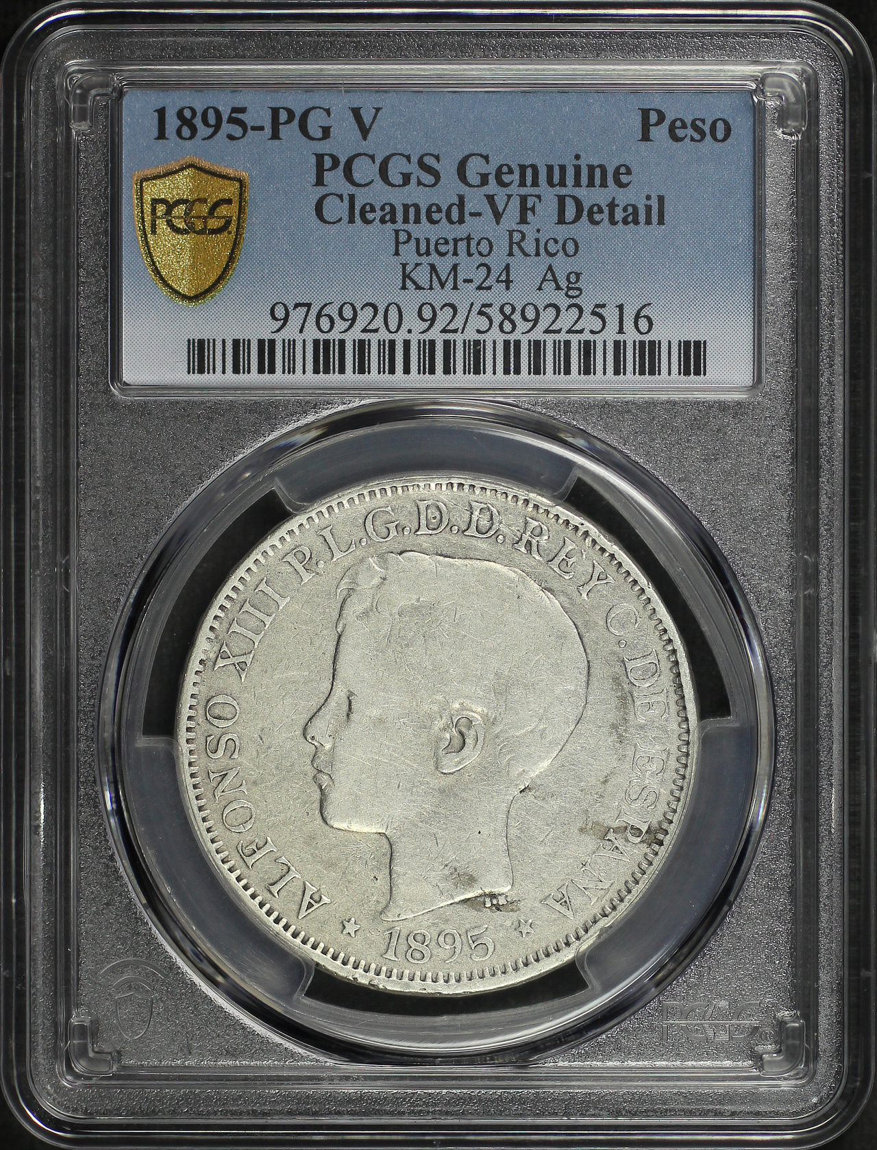 Obverse of this 1895-PG V KM-24 Puerto Rico Peso PCGS VF Details Cleaned