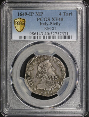 Obverse of this 1649-IP MP 4 Tari Italy-Sicily KM-21 PCGS XF-40