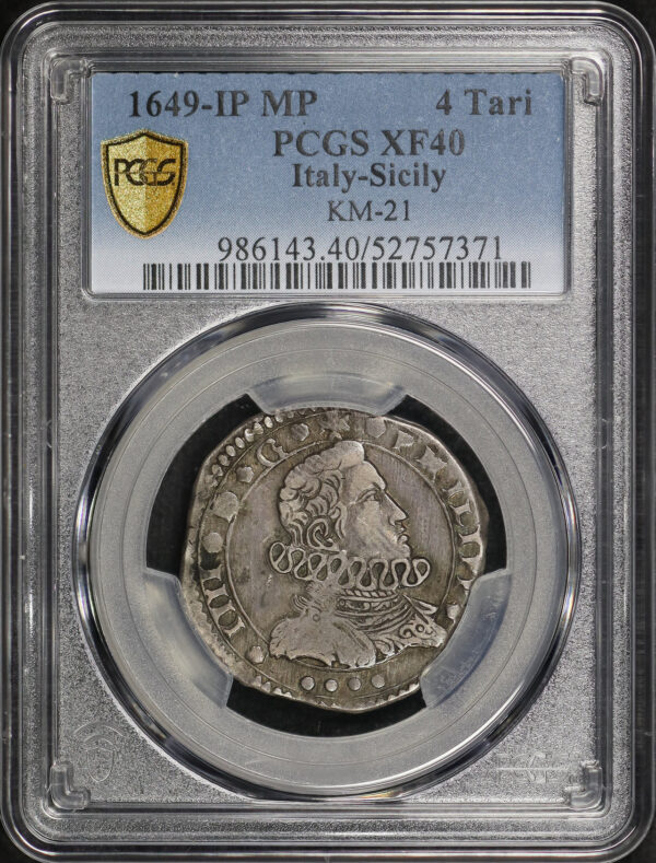 Obverse of this 1649-IP MP 4 Tari Italy-Sicily KM-21 PCGS XF-40