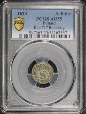 Obverse of this 1623 Poland Kop-717 Bromberg Solidus PCGS AU-55