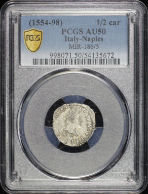 Obverse of this (1554-98) Italian States Naples Silver 1/2 Carlino MIR-186/5 PCGS AU-50
