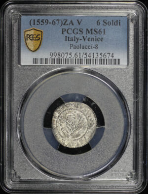 Obverse of this (1559-67)ZA V Italy, Venice Paolucci-8 6Soldi PCGS MS-61