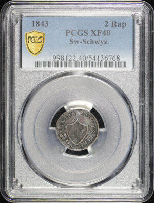 Obverse of this 1843 Switzerland Canton of Schwyz Billon 2 Rappen KM-62 PCGS XF-40