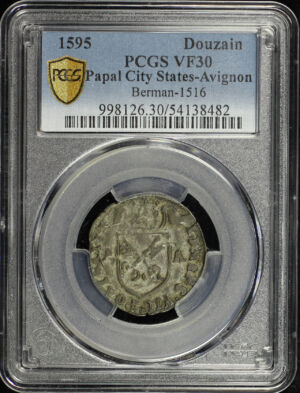 Obverse of this 1595 Papal City States Avignon Silver Douzain Berman-1516 PCGS VF-30