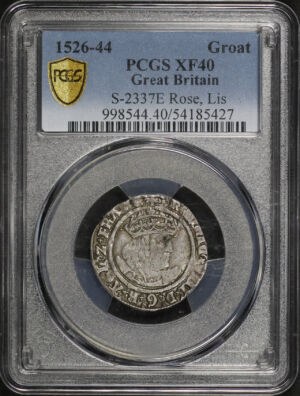 Obverse of this (1526-44) Great Britain Rose, Lis Silver Groat S-2337E PCGS XF-40