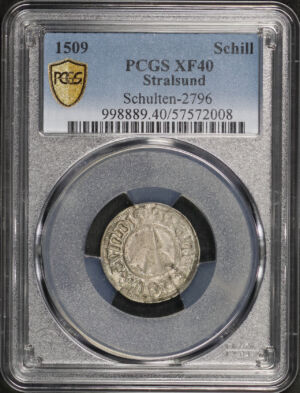 Obverse of this 1509 Stralsund Schulten-2796 Schilling PCGS XF-40