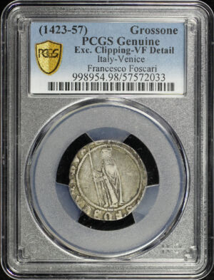 Obverse of this (1423-57) Italian States Venice Silver 1 Grossone Francesco Foscari PCGS VF Details Exc. Clipping