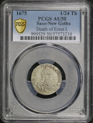 Obverse of this 1675 Saxe-New Gotha Death of Ernst I 1/24Th PCGS AU-50