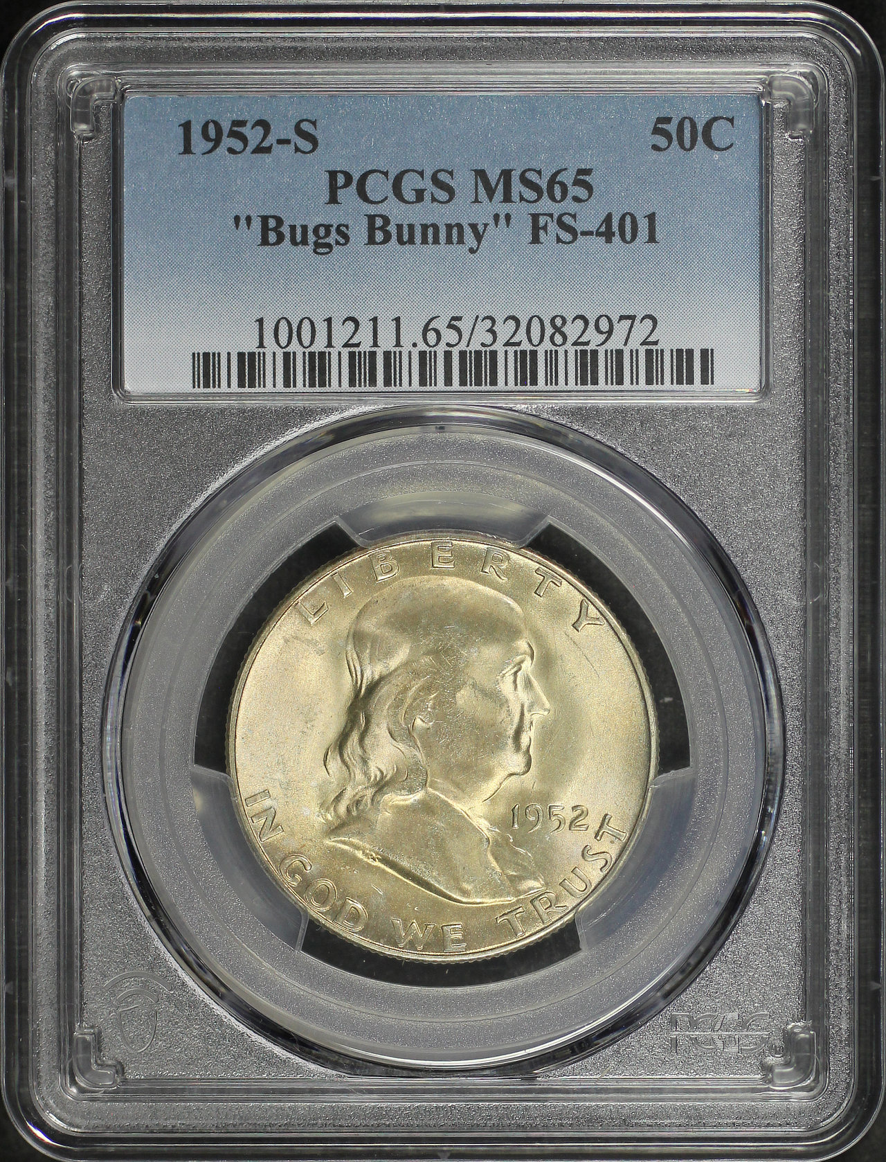 Obverse of this 1952-S Franklin Half Dollar “Bugs Bunny” FS-401 PCGS MS-65