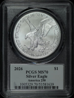 Gallery image of this 2026 Silver Eagle PCGS MS-70 America 250  Emily Damstra Signature Label 