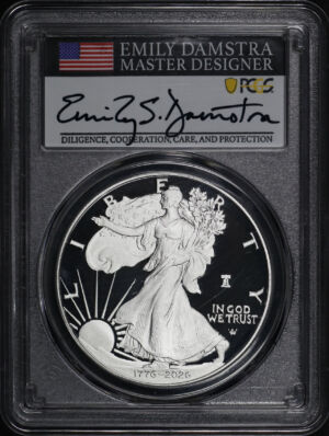 Obverse of this 2026-W Silver Eagle Silver Eagle with Liberty Bell 250 Privy PCGS PR-70 DCAM Emily Damsta Signature label 