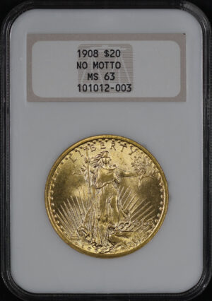 Obverse of this 1908 No Motto St. Gaudens $20 NGC MS-63