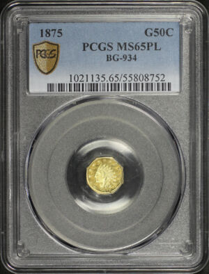 Obverse of this 1875 G50C BG-934 Octagonal Indian California Fractional Gold PCGS MS-65 PL