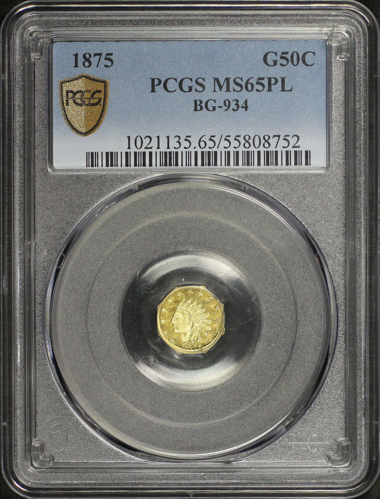 Obverse of this 1875 G50C BG-934 Octagonal Indian California Fractional Gold PCGS MS-65 PL