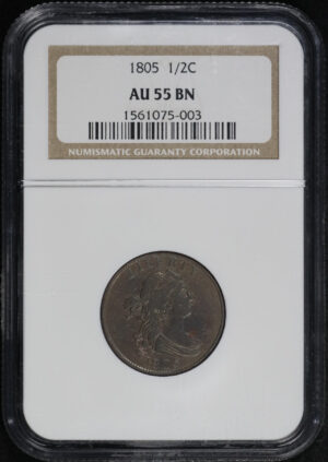 Obverse of this 1805 Draped Bust Half Cent NGC AU-55 BN