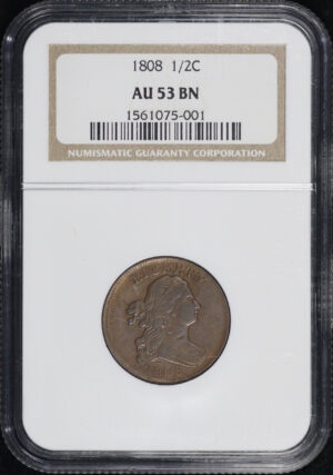 Obverse of this 1808 Draped Bust Half Cent NGC AU-53 BN