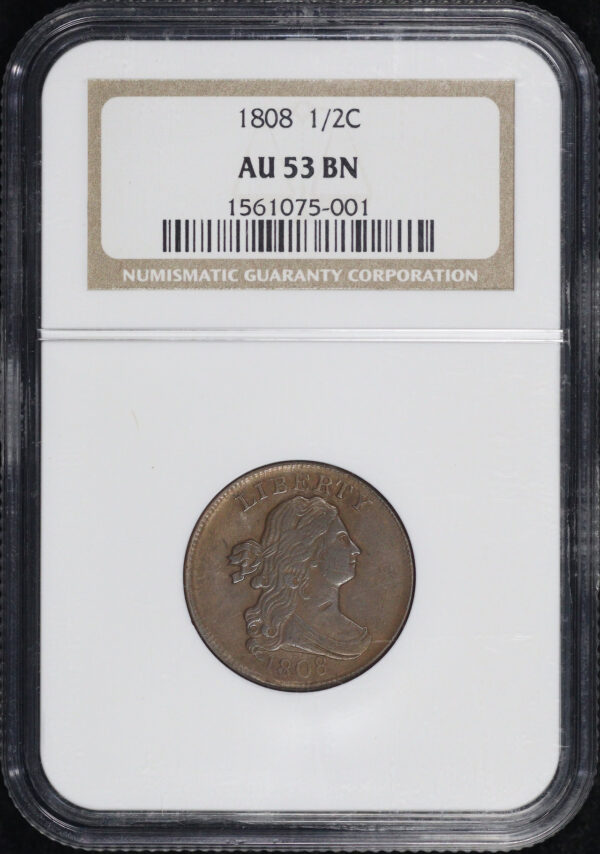 Obverse of this 1808 Draped Bust Half Cent NGC AU-53 BN