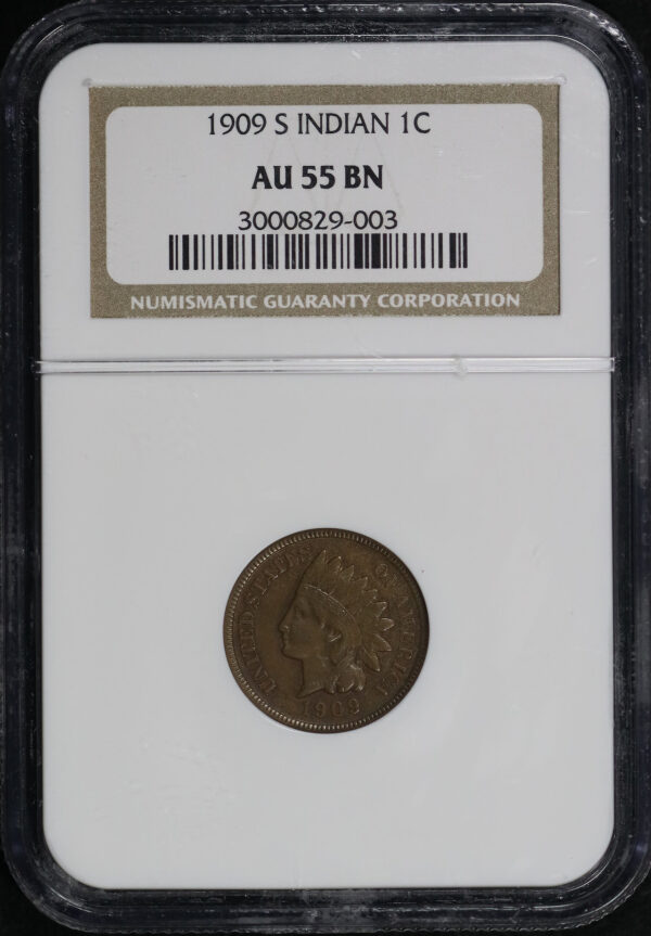 Obverse of this 1909 S Indian Cent NGC AU-55 BN
