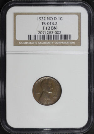 Obverse of this 1922-D No D Lincoln Cent Wheat FS-013.2 Strong Reverse NGC F-12 BN