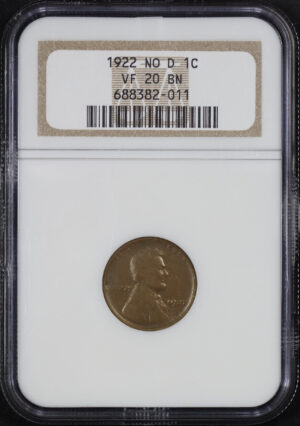 Obverse of this 1922 No D Lincoln Cent Wheat Reverse Strong Reverse NGC VF-20 BN